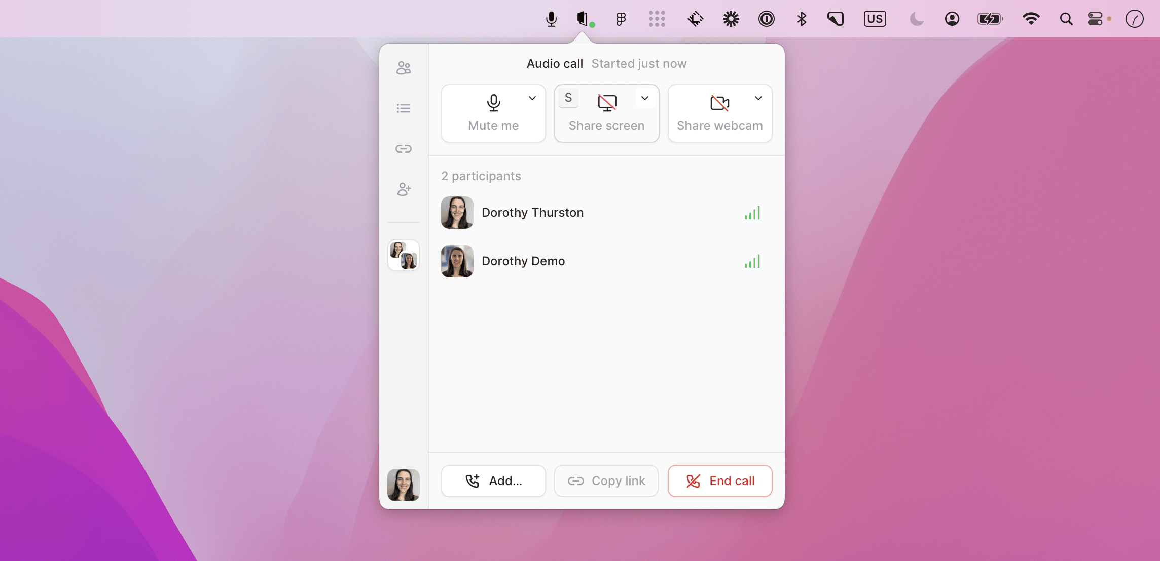Call controls showing the Start Webcam option