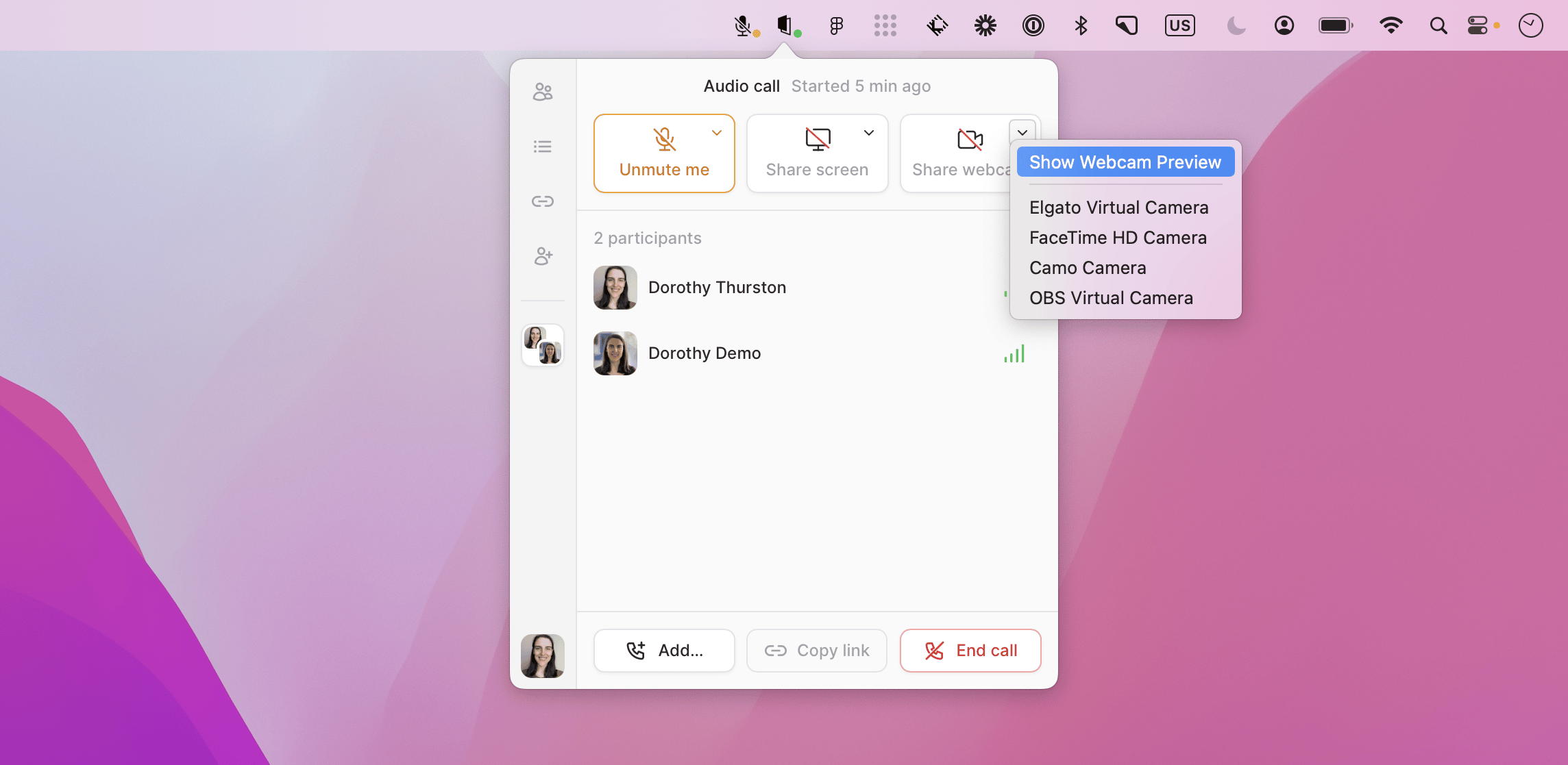 Webcam dropdown menu with the preview option and available camera devices