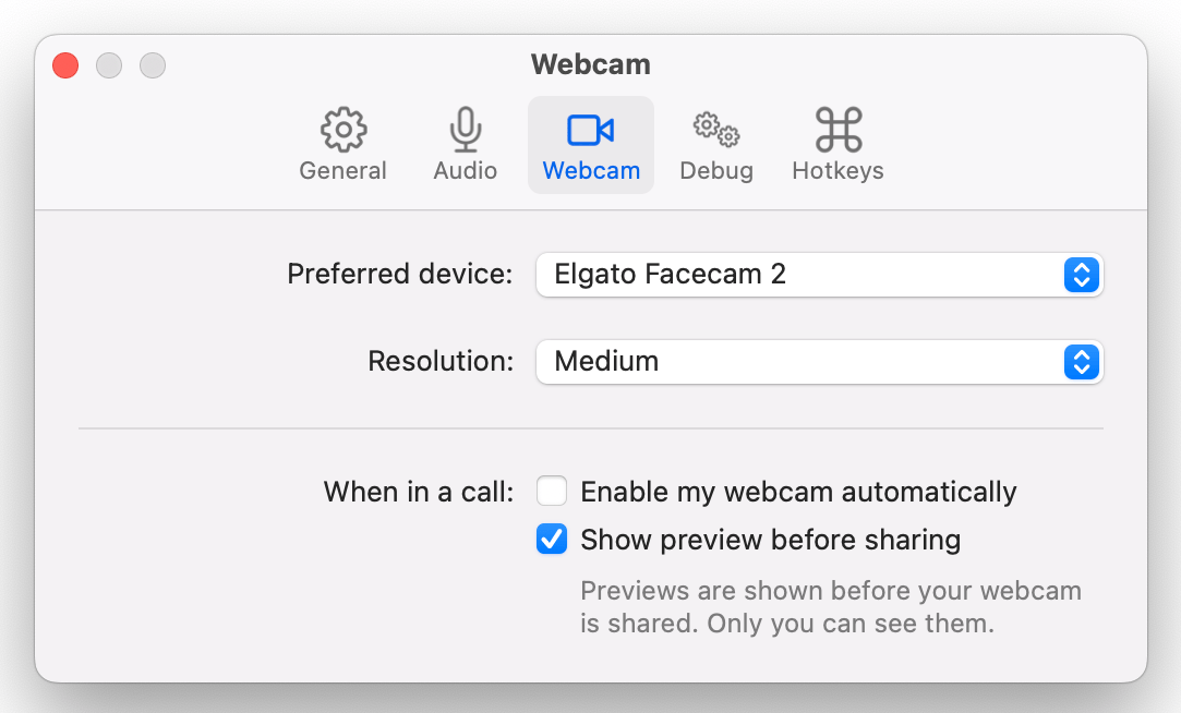 Preferences screen showing webcam resolution options