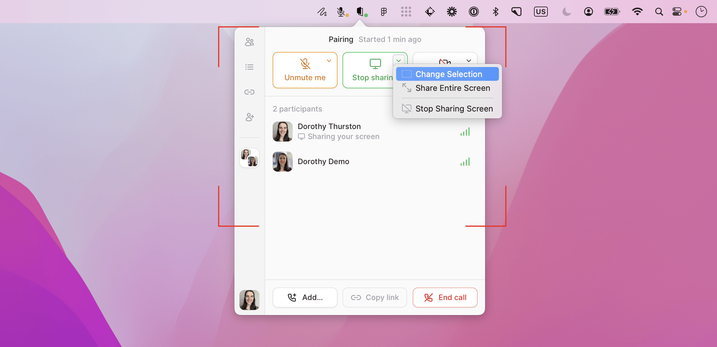 Tuple menu showing the Change Selection option while sharing part of your screen