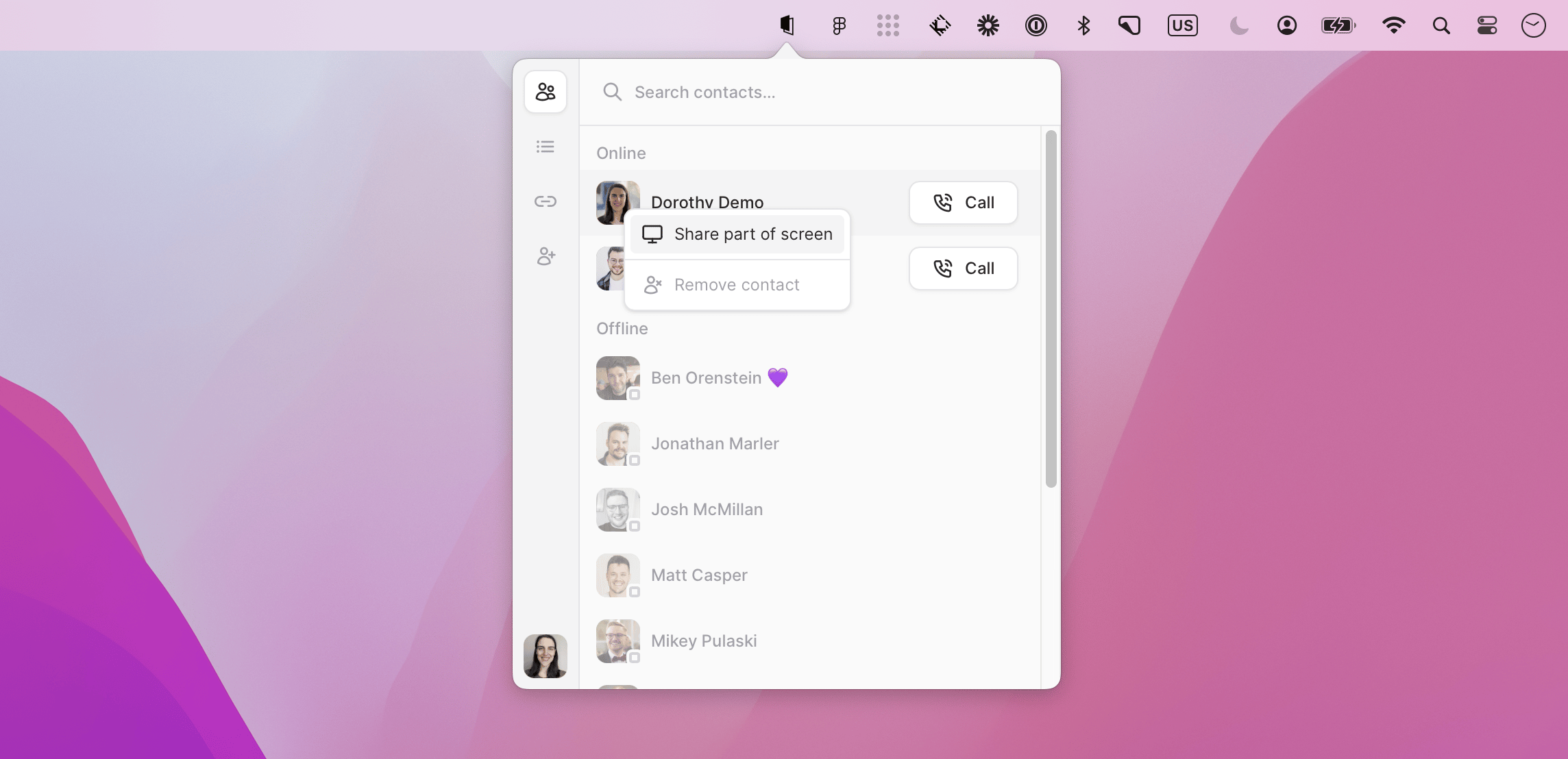 Tuple contact context menu with Share Part of Screen highlighted
