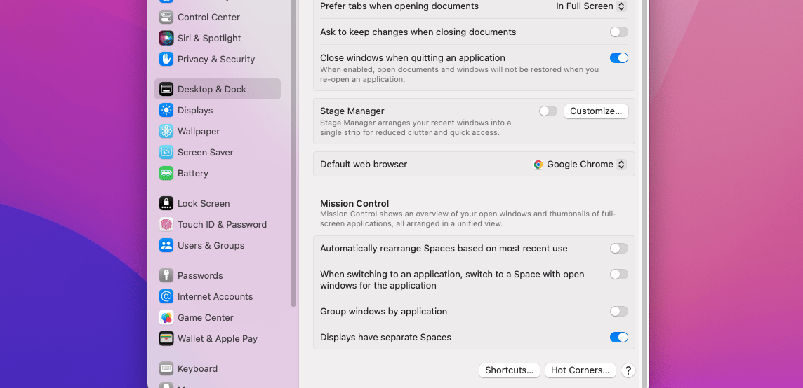 macOS Desktop & Dock settings with Displays have separate Spaces enabled