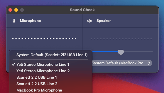 Audio input list showing multiple lines from a multi-input audio interface