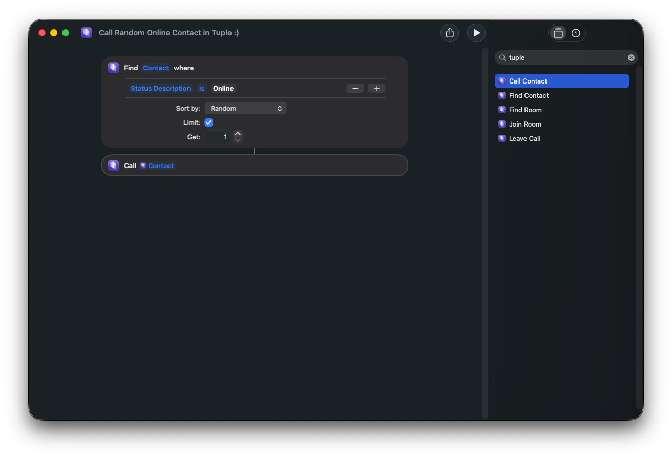 Shortcuts app showing Tuple actions built from Spotlight intents