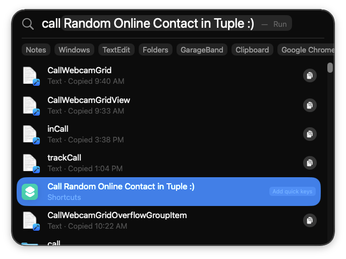Spotlight showing Tuple shortcuts in the results list