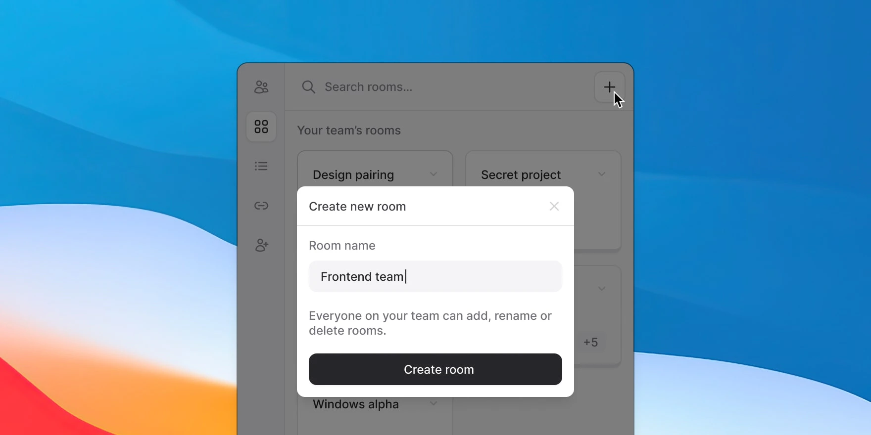 Dialog for creating a new room by name