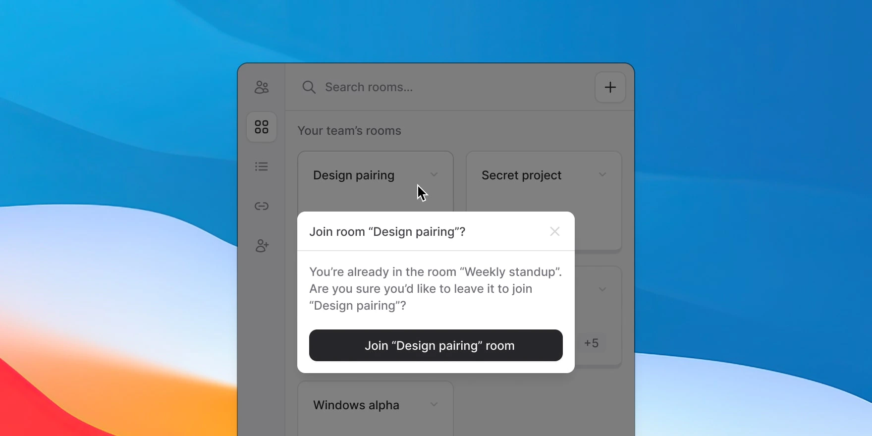 Confirmation dialog asking whether you want to leave your current call and join a room