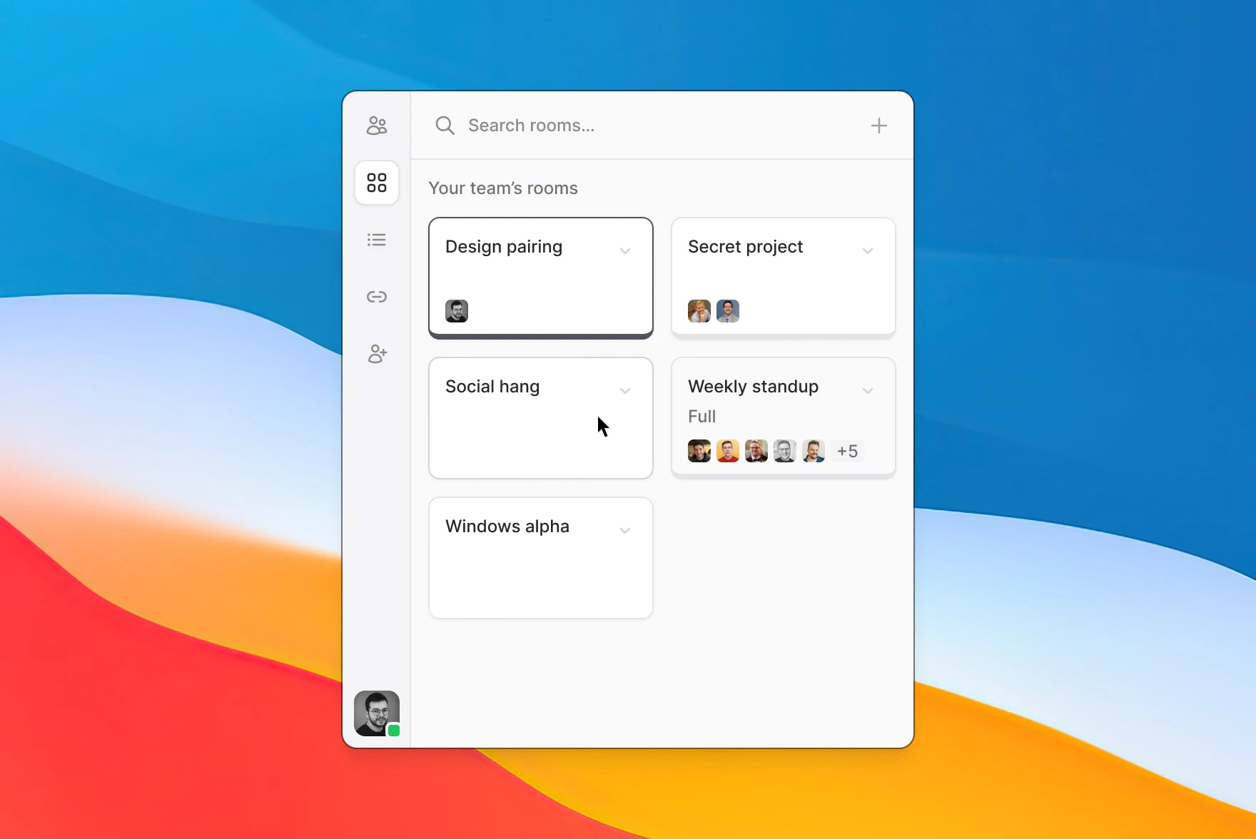 Rooms tab showing the list of shared team rooms