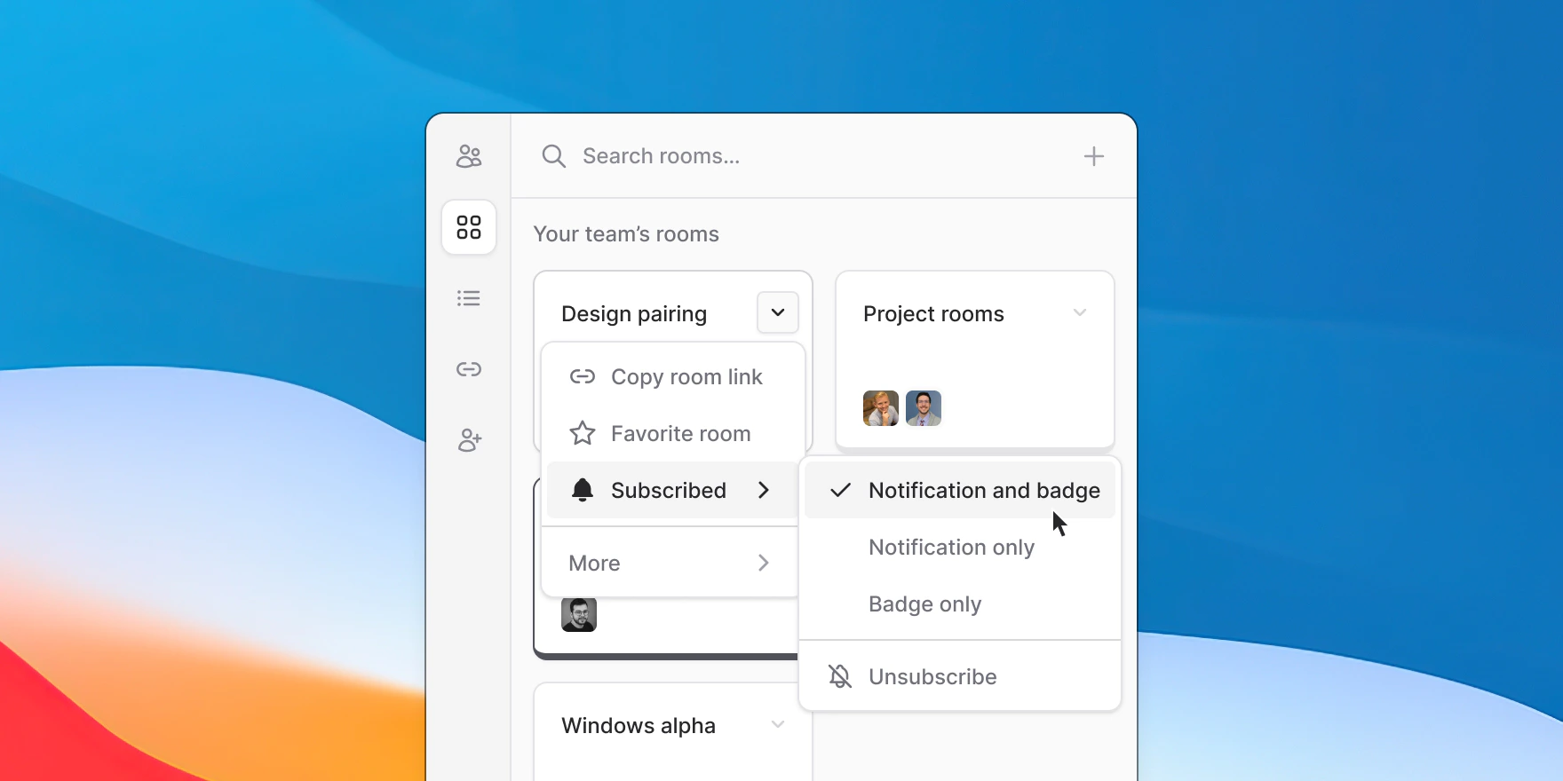 Room dropdown menu showing subscription notification options