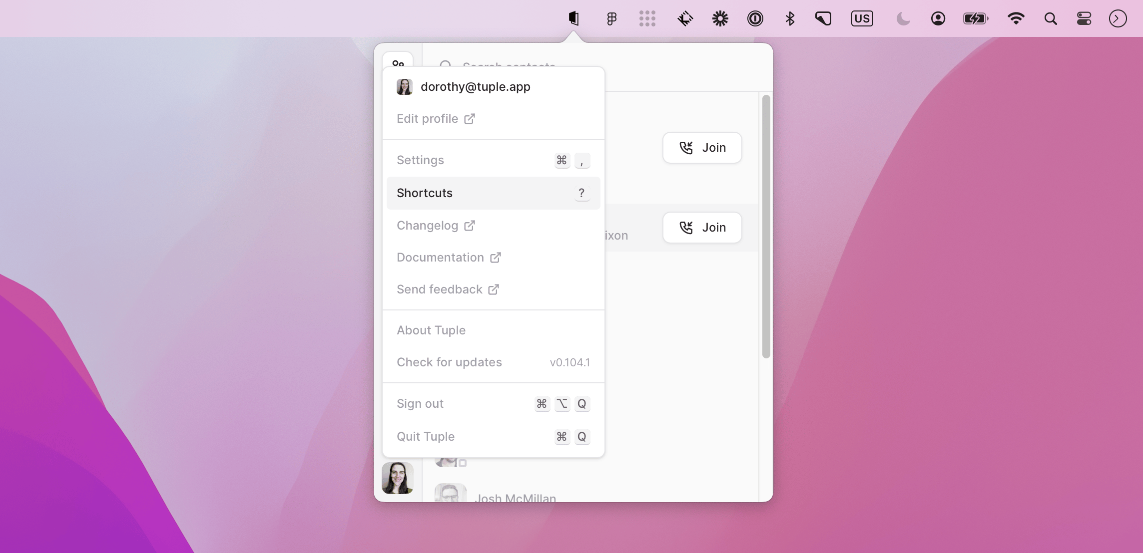 Tuple avatar menu with Shortcuts highlighted