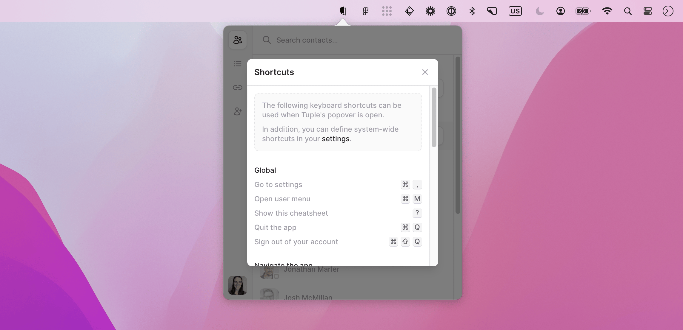 Keyboard shortcuts overview window in Tuple