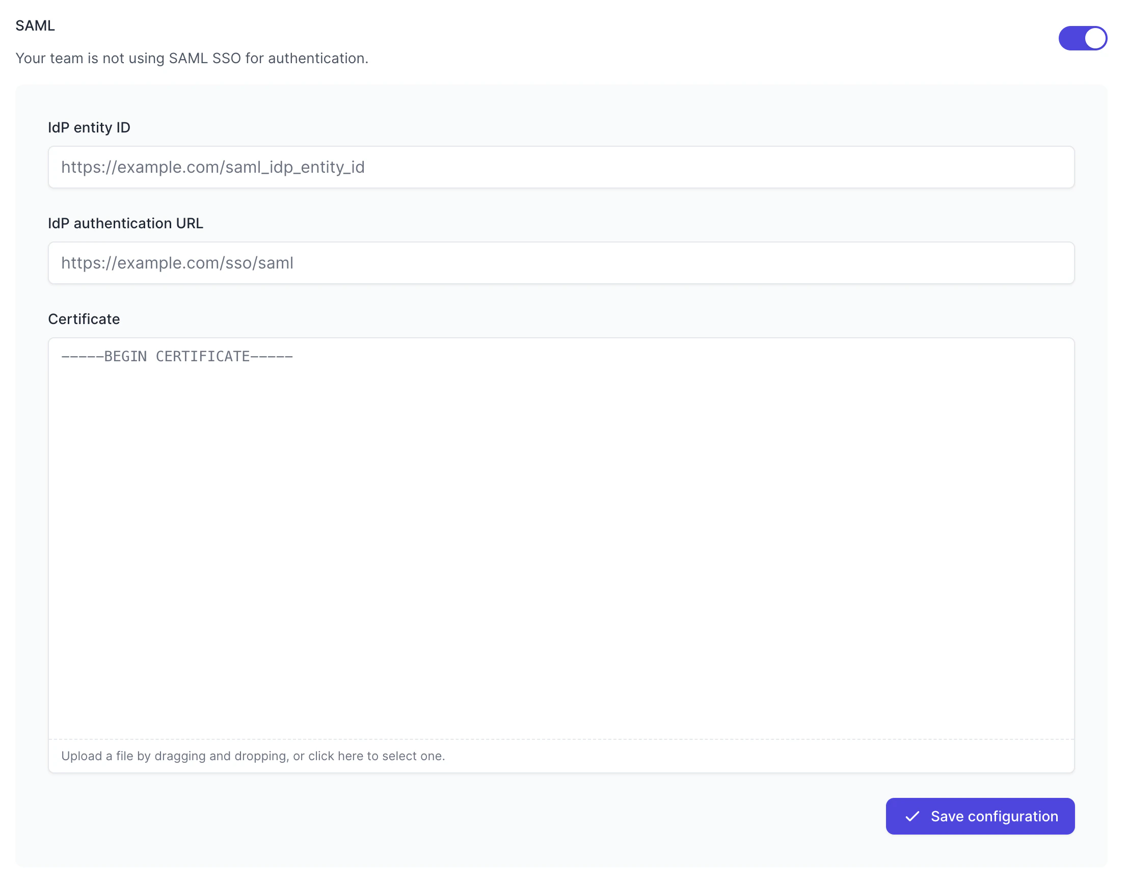 SAML configuration form in Tuple