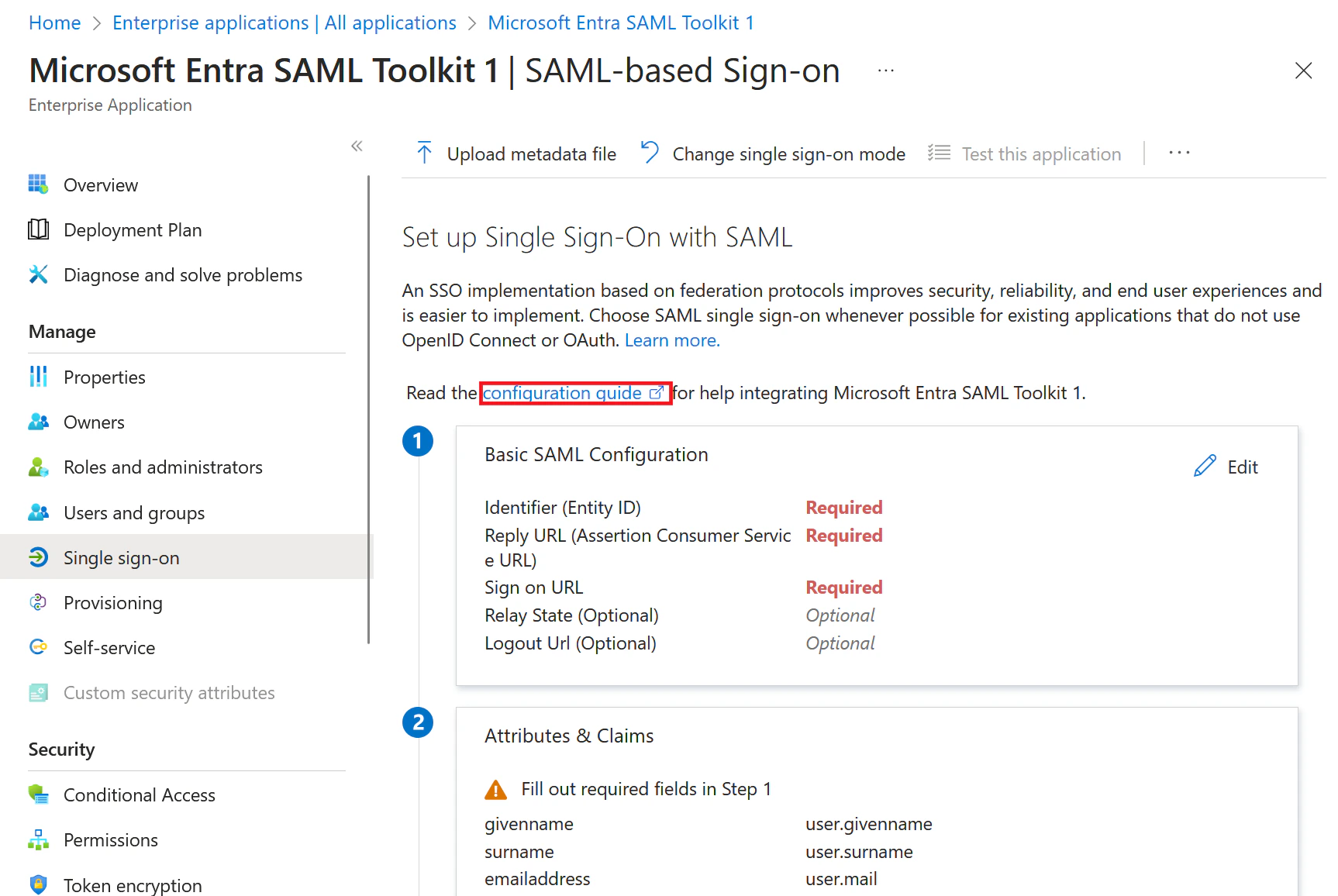 SAML-based Sign-on configuration page in Microsoft Entra ID