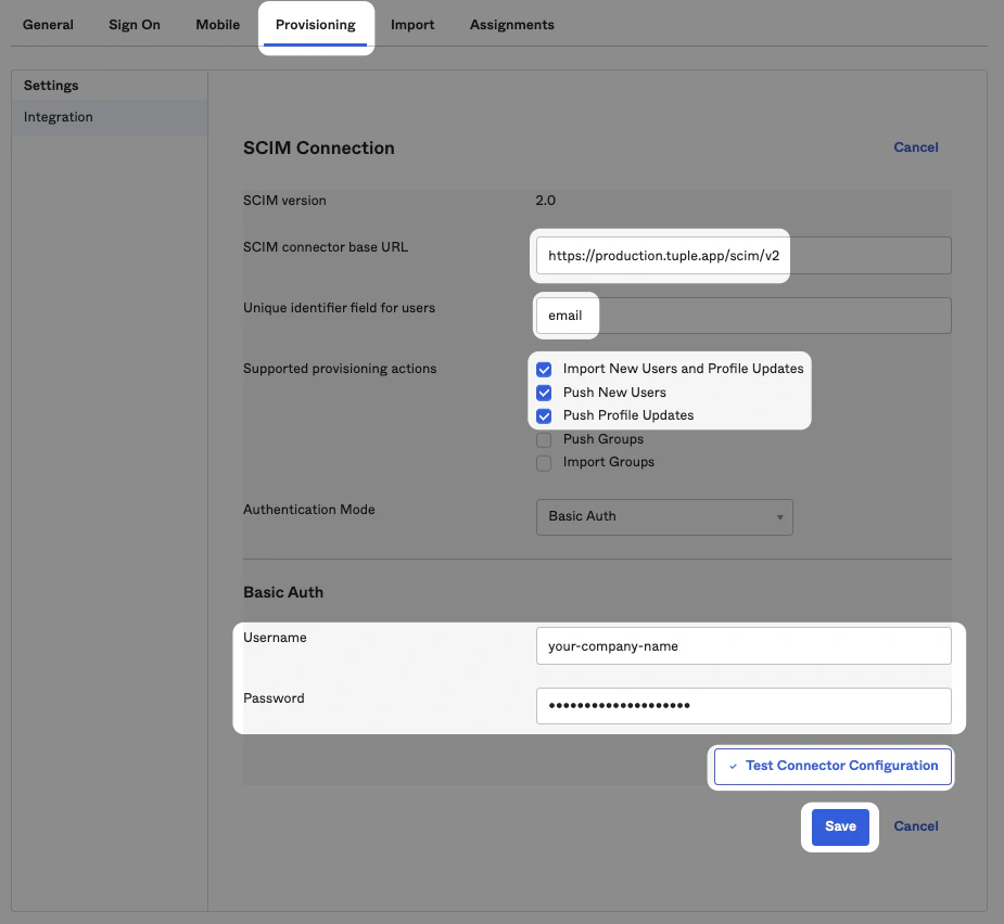 Provisioning settings