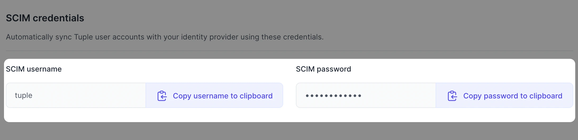 SCIM credentials on the Team Management page
