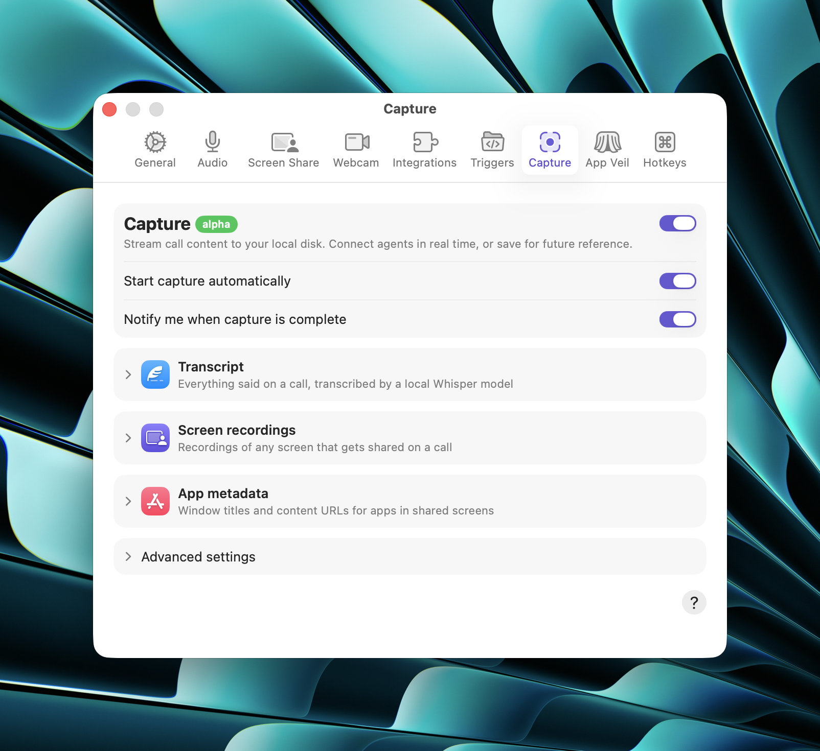 The Capture tab in Tuple's settings on macOS