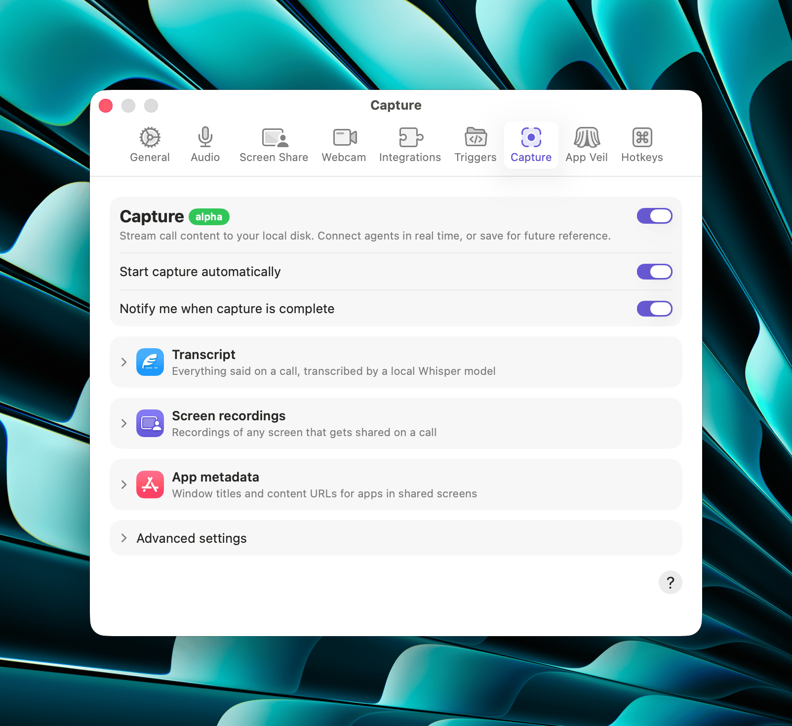 The Capture tab in Tuple's settings on macOS