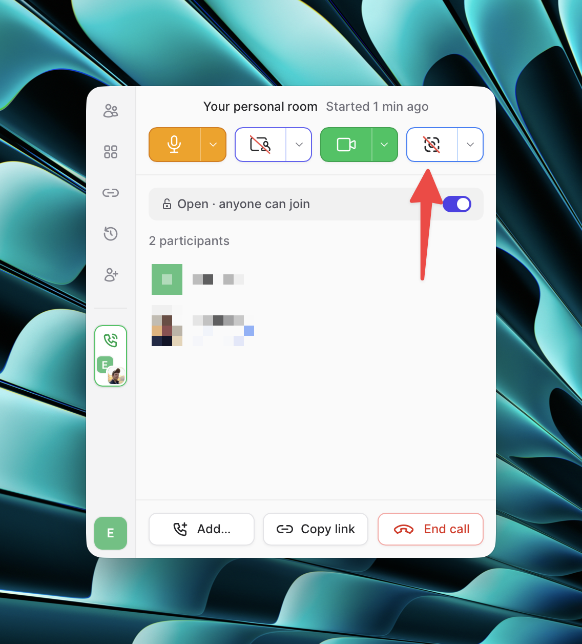 The Capture button in the popover call controls on macOS