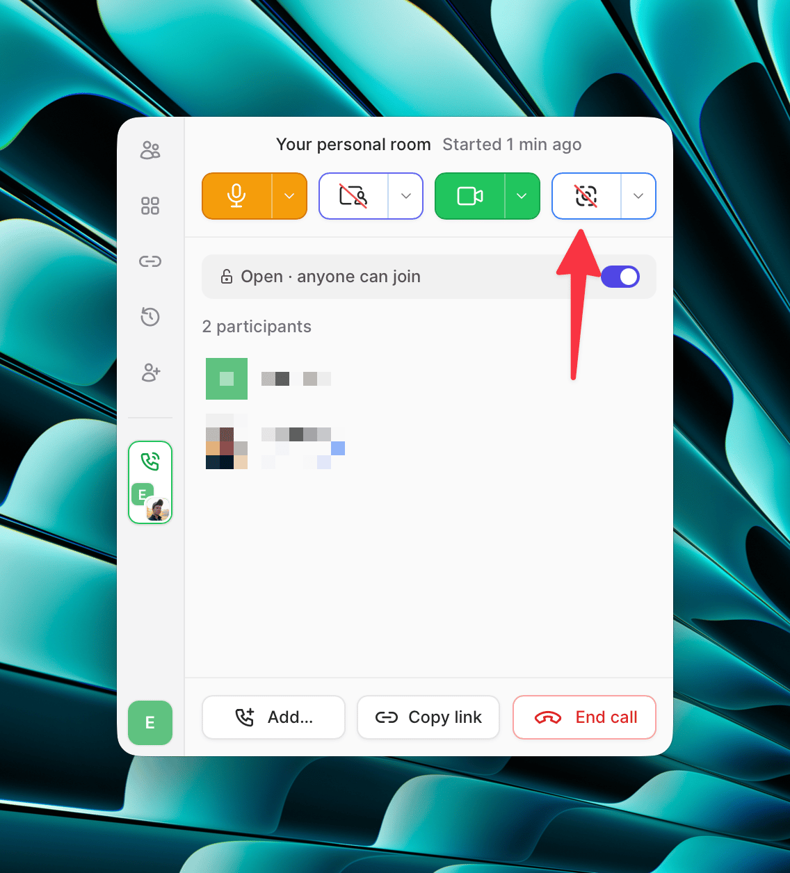 The Capture button in the popover call controls on macOS