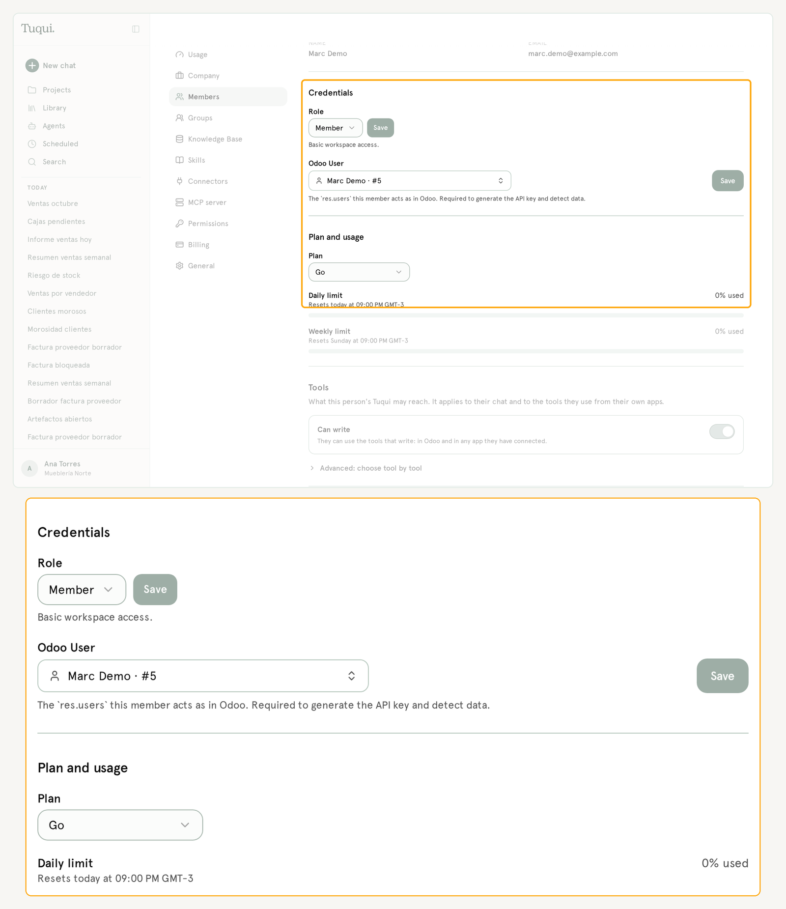 A member's profile: Odoo user and Plan