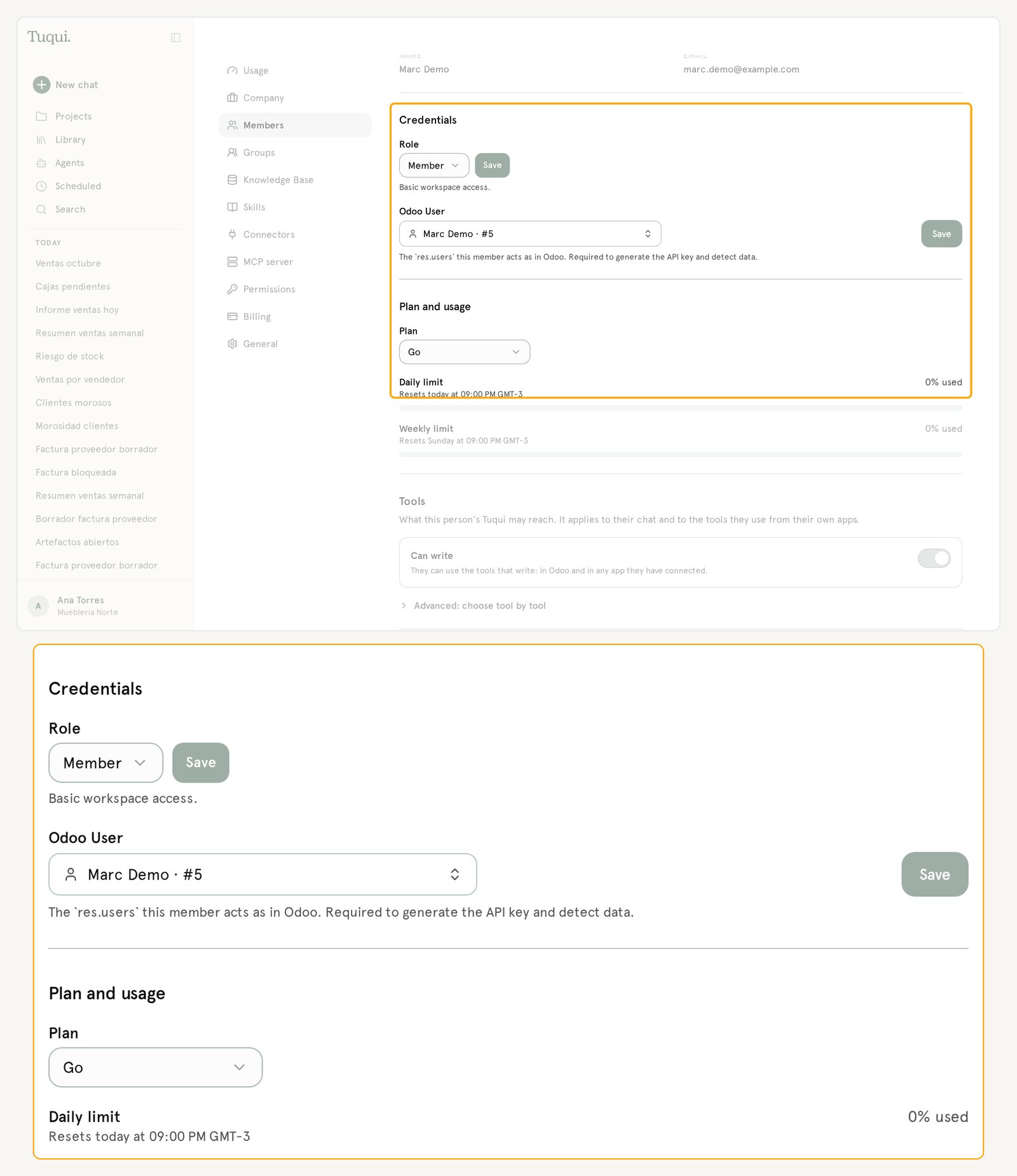 A member's profile: Odoo user and Plan