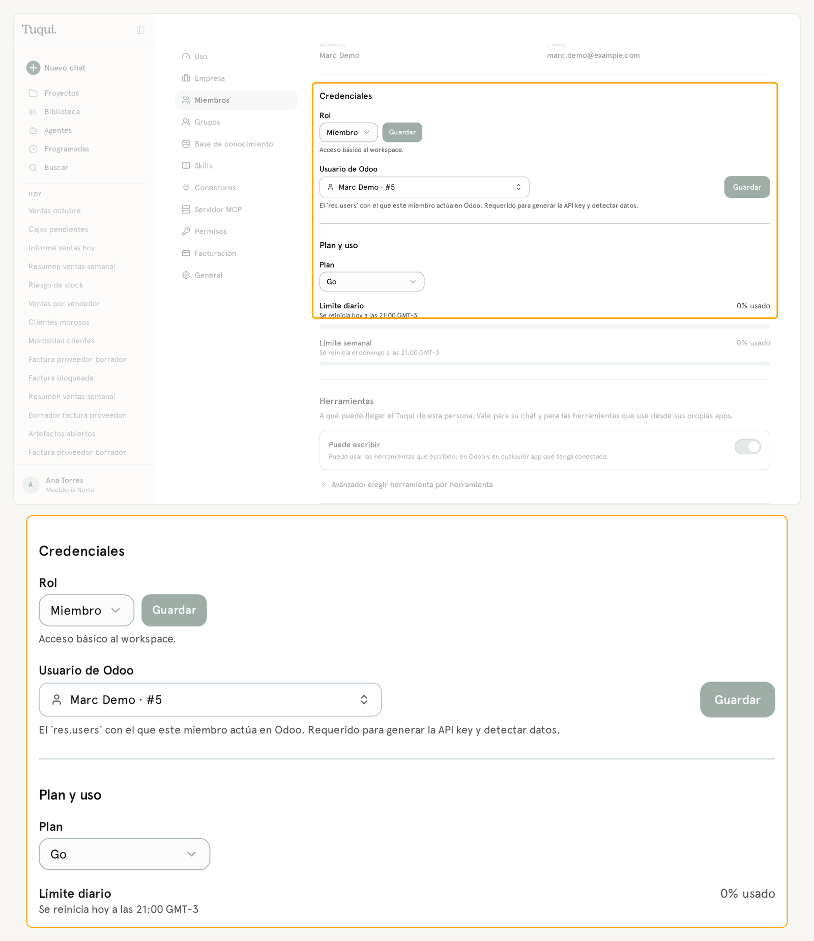 Ficha de un miembro: Usuario de Odoo y Plan