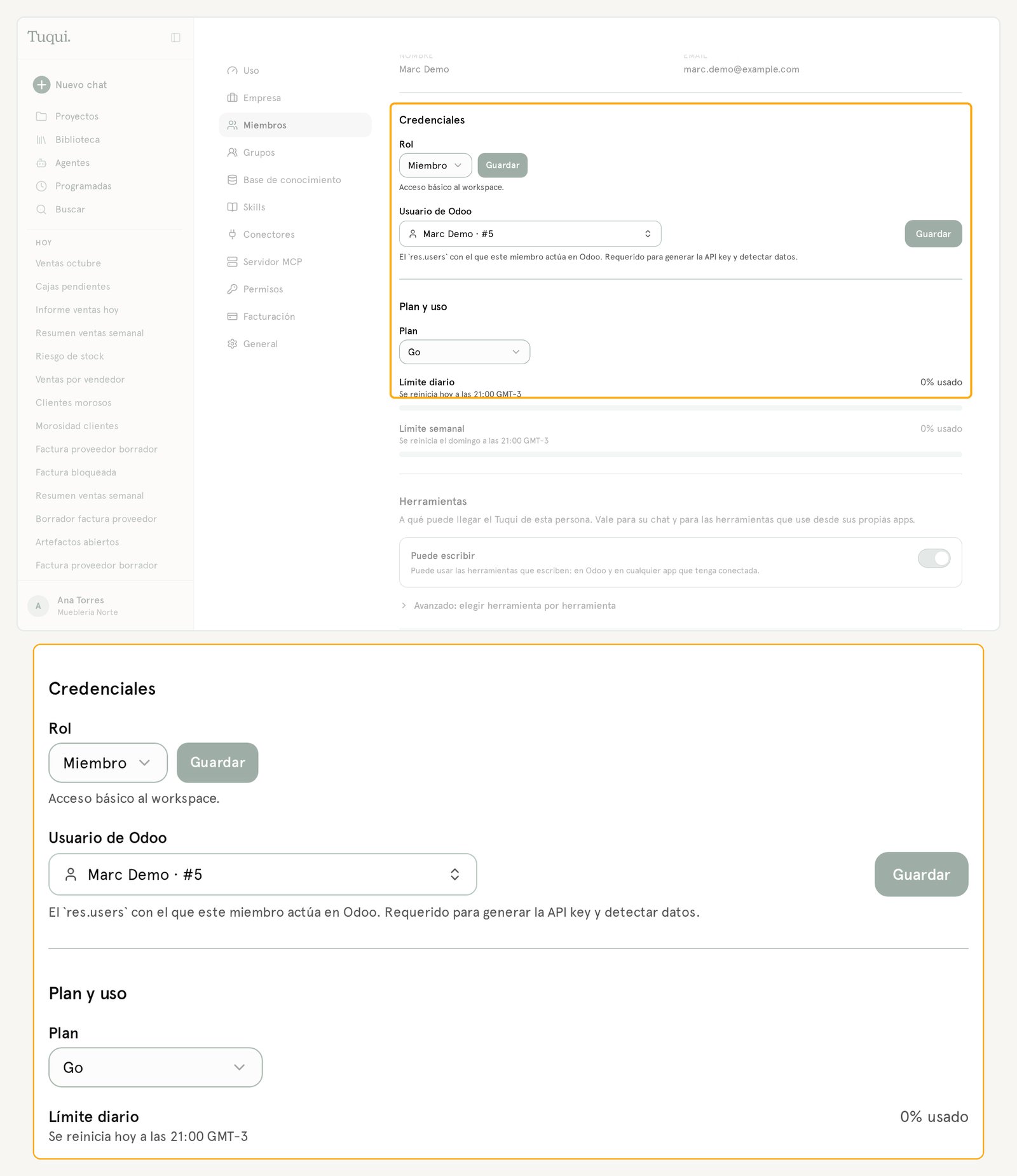 Ficha de un miembro: Usuario de Odoo y Plan