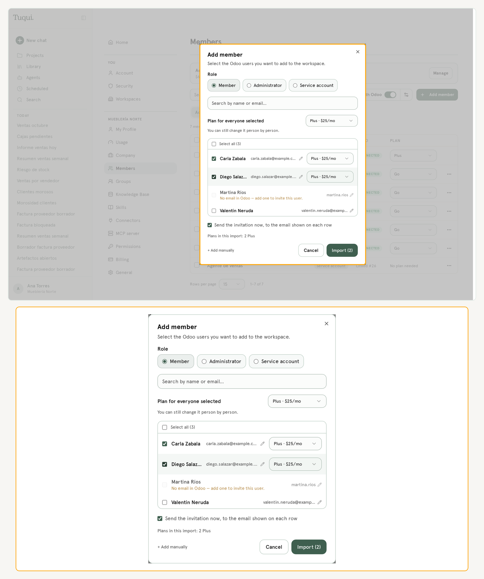 Add member window: pick Odoo users, plan for all selected, and Import