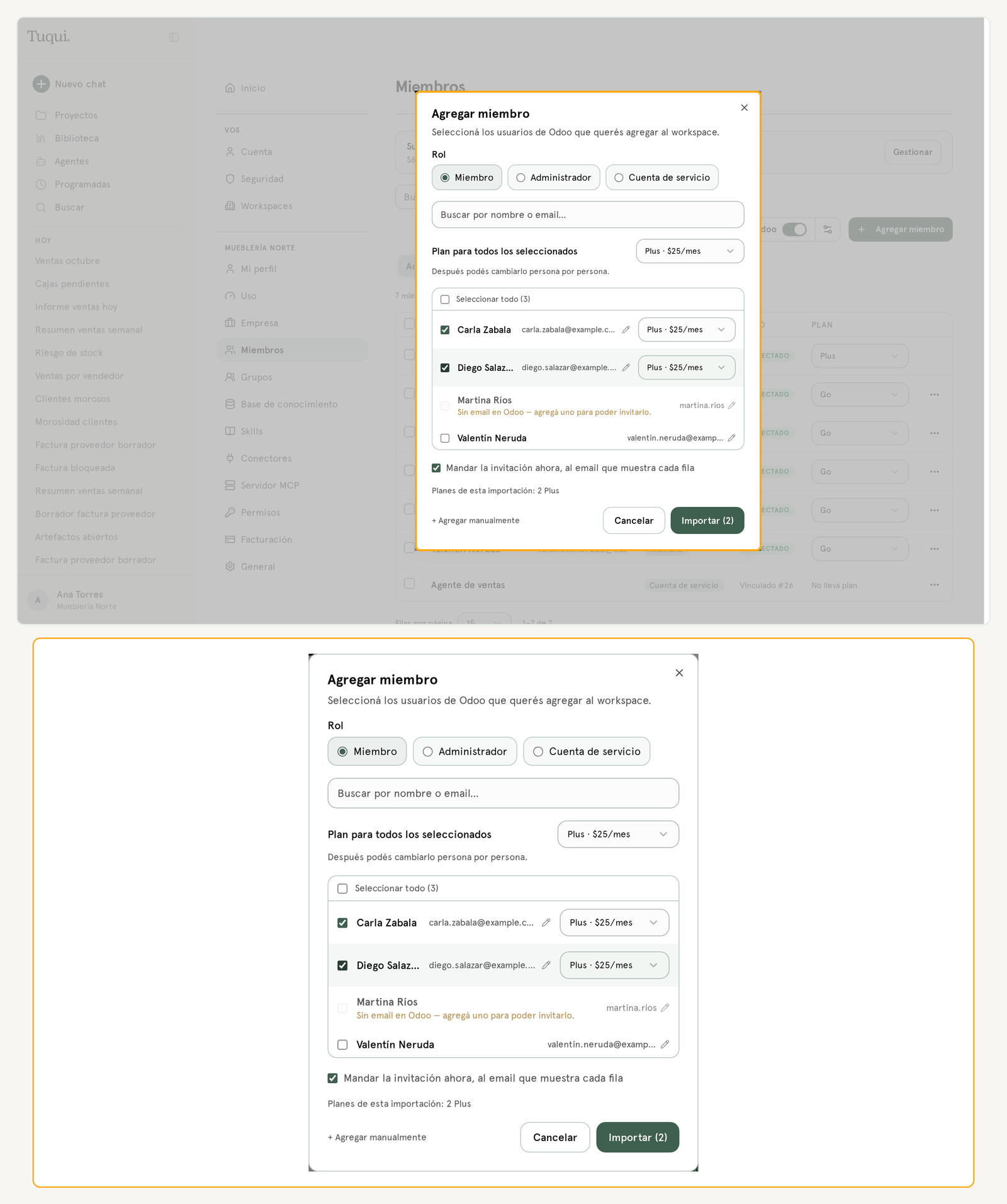 Ventana Agregar miembro: elegir usuarios de Odoo, plan para todos los seleccionados e Importar