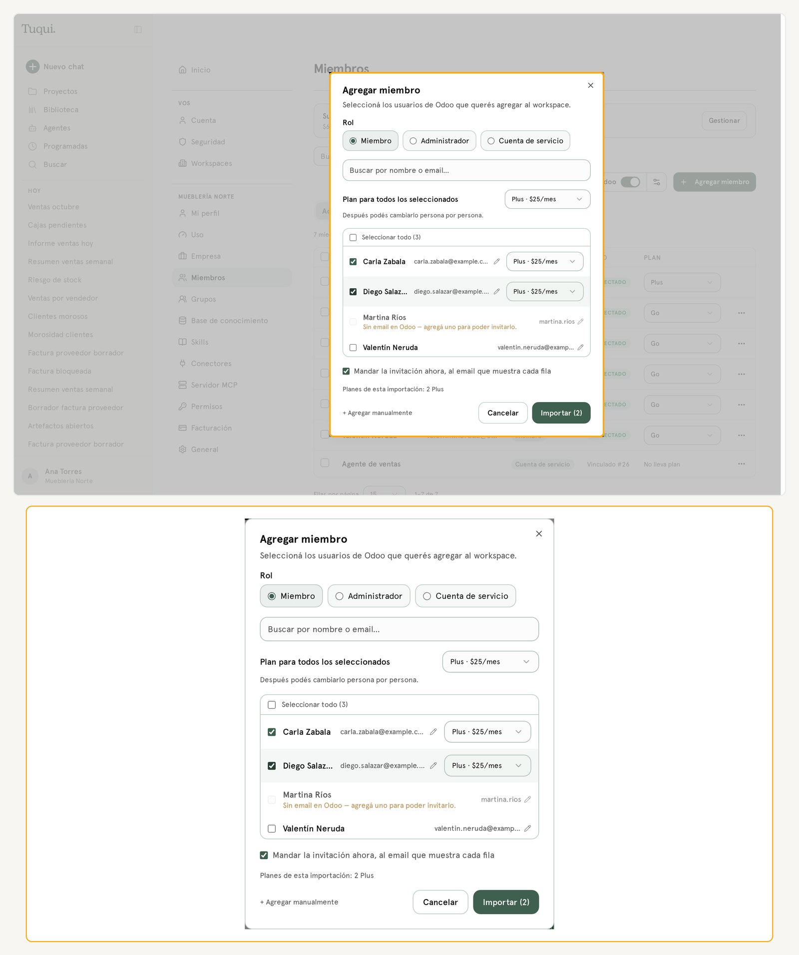 Ventana Agregar miembro: elegir usuarios de Odoo, plan para todos los seleccionados e Importar