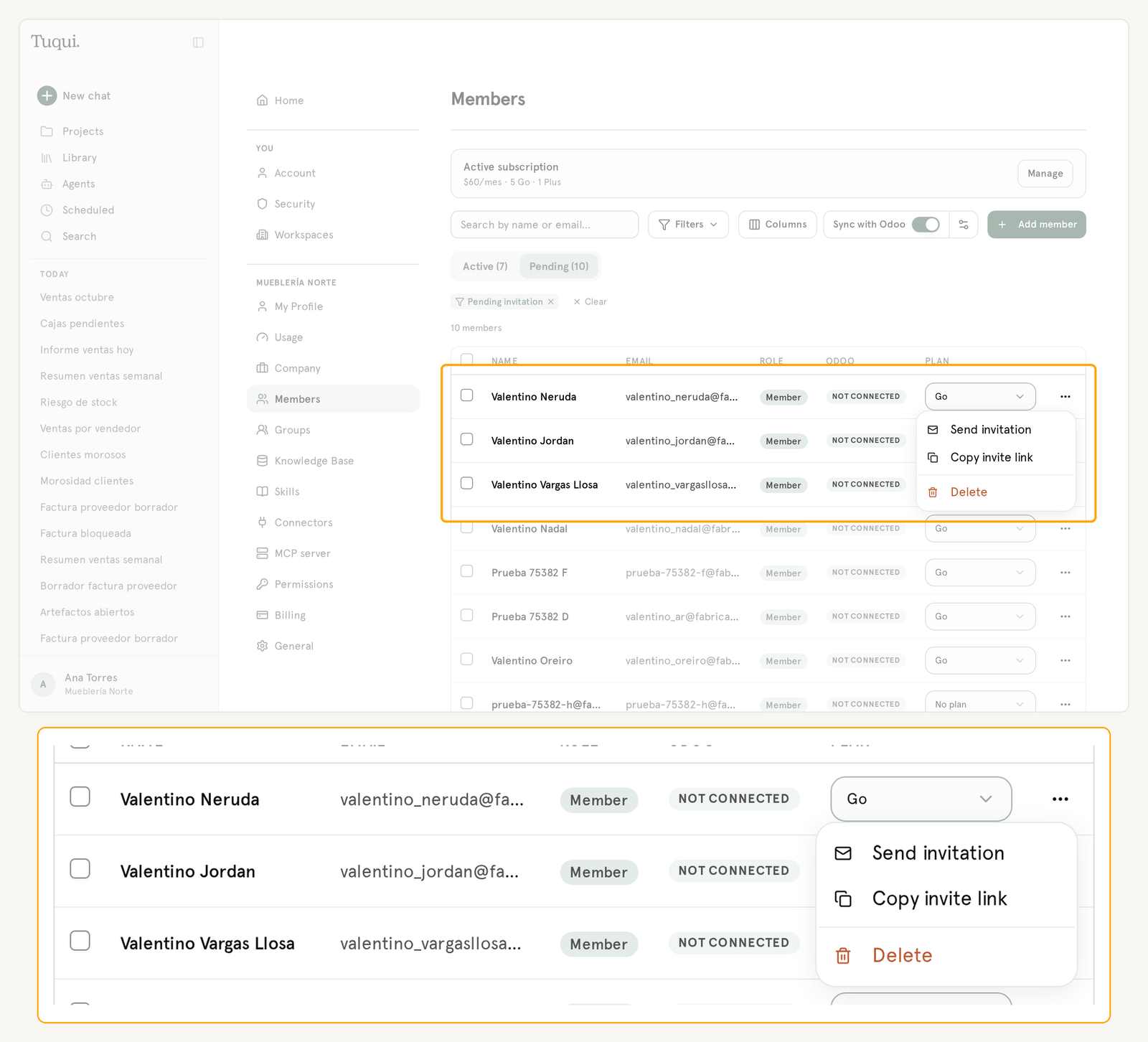 Pending tab with the row menu open: Send invitation, Copy invite link and Delete