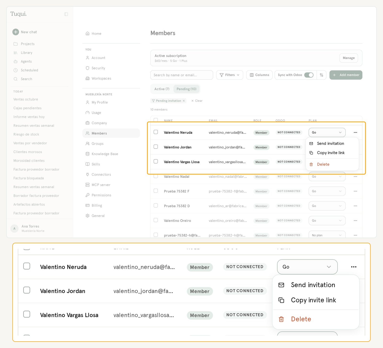 Pending tab with the row menu open: Send invitation, Copy invite link and Delete