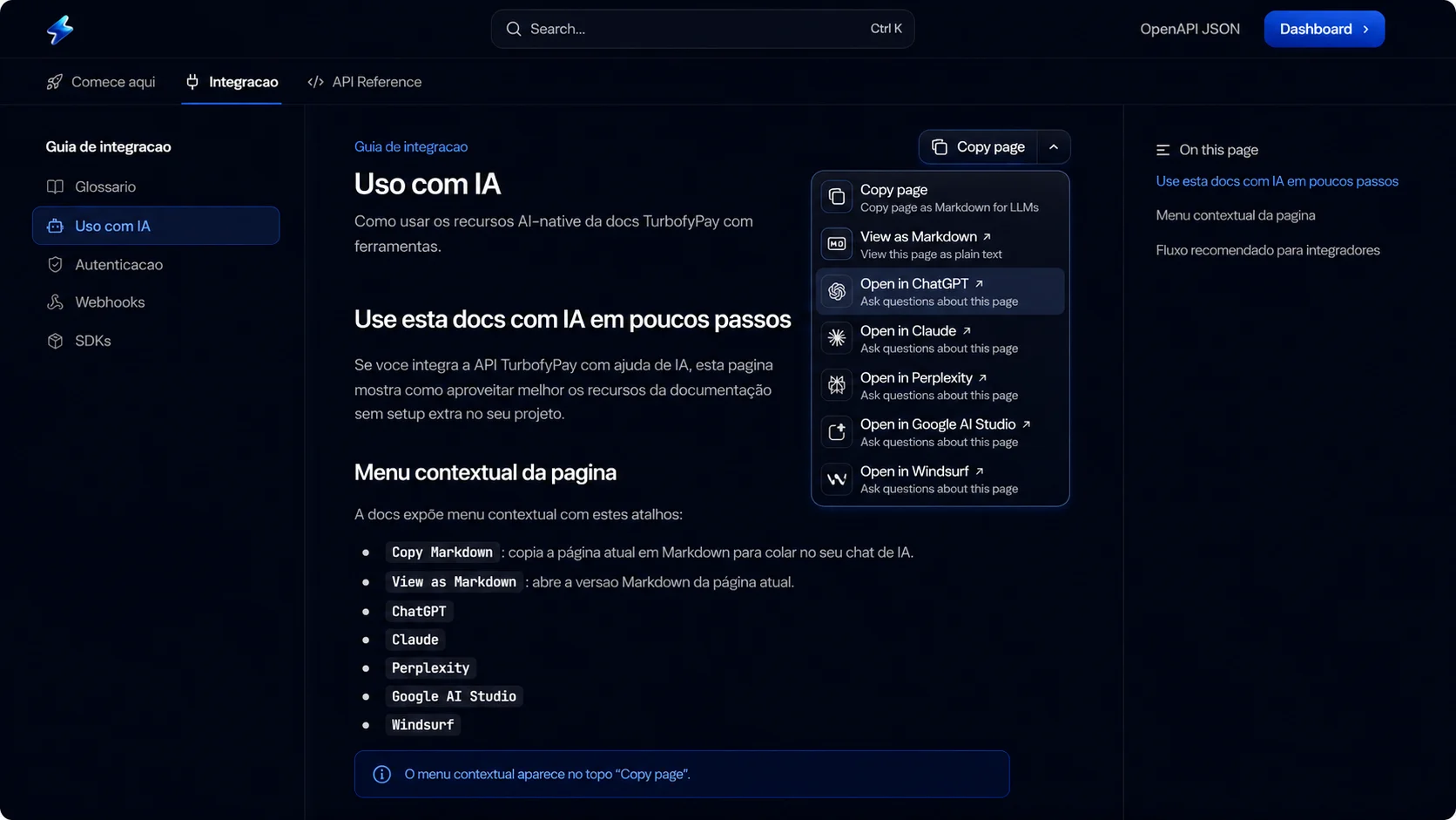 Mock seguro do menu Copy page da documentacao TurbofyPay com opcoes Copy Markdown, View as Markdown, ChatGPT, Claude e Perplexity.