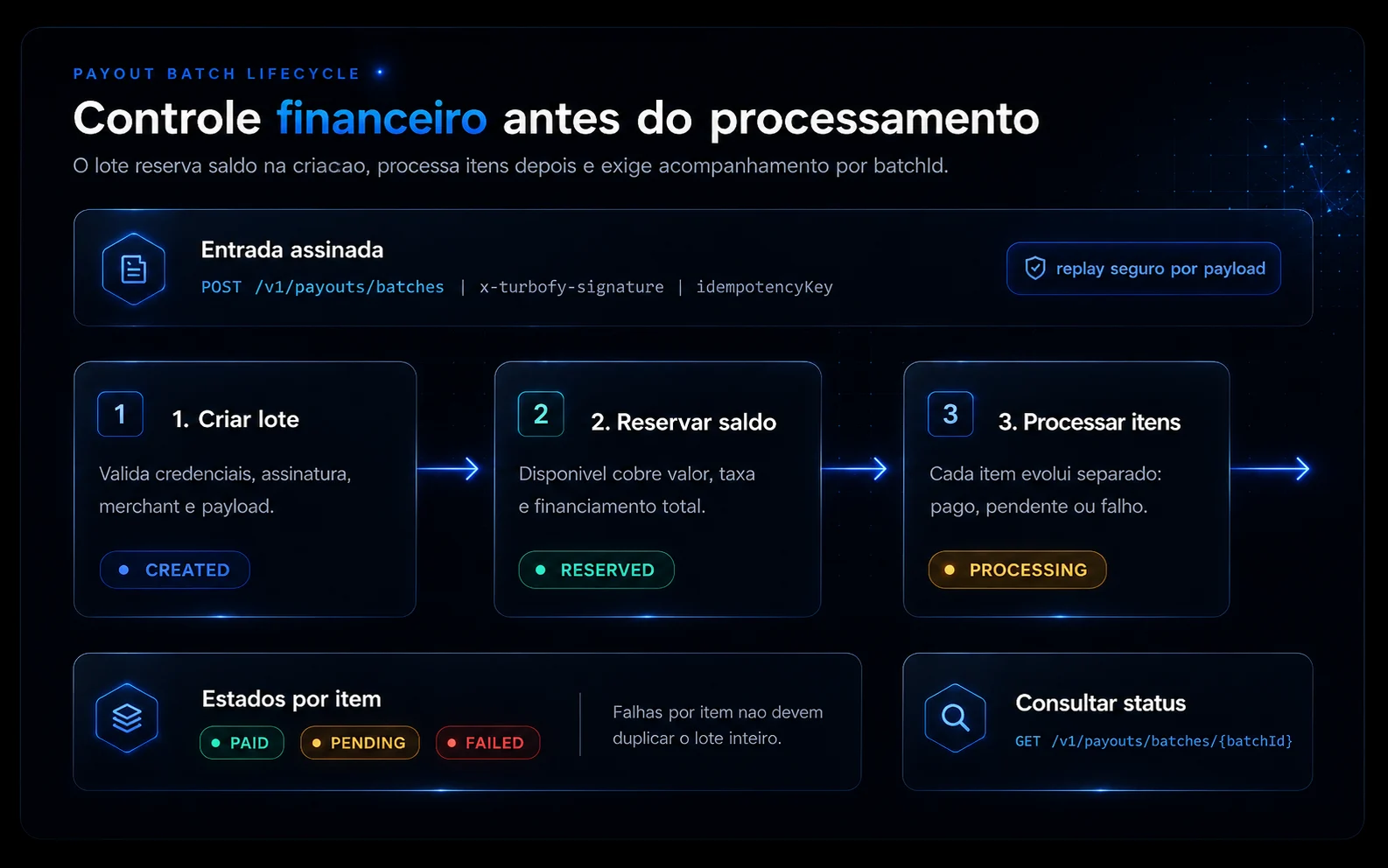 Fluxo visual de criacao de lote de payouts com assinatura HMAC, idempotencia, reserva de saldo, processamento assincrono e auditoria.