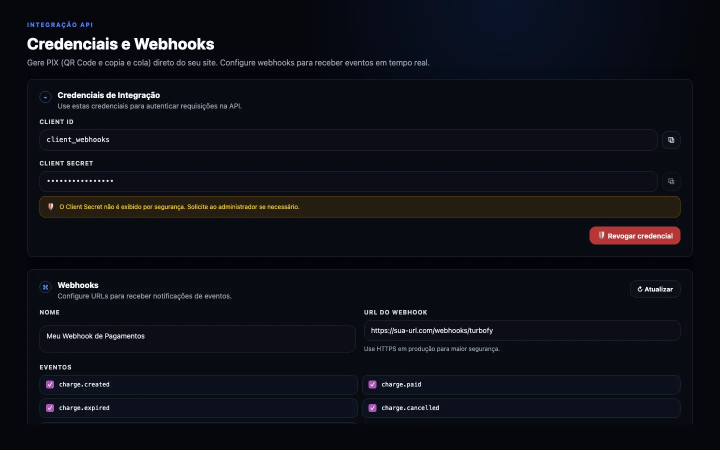 Visao geral do painel de credenciais e webhooks.