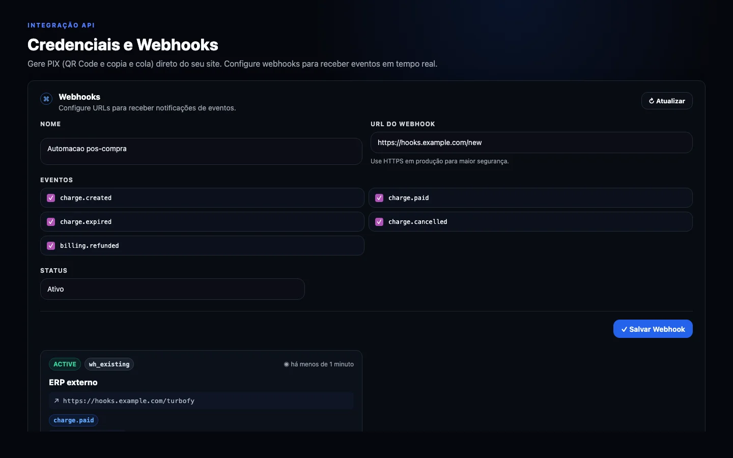 Formulario de criacao de webhook com nome, URL HTTPS e eventos.