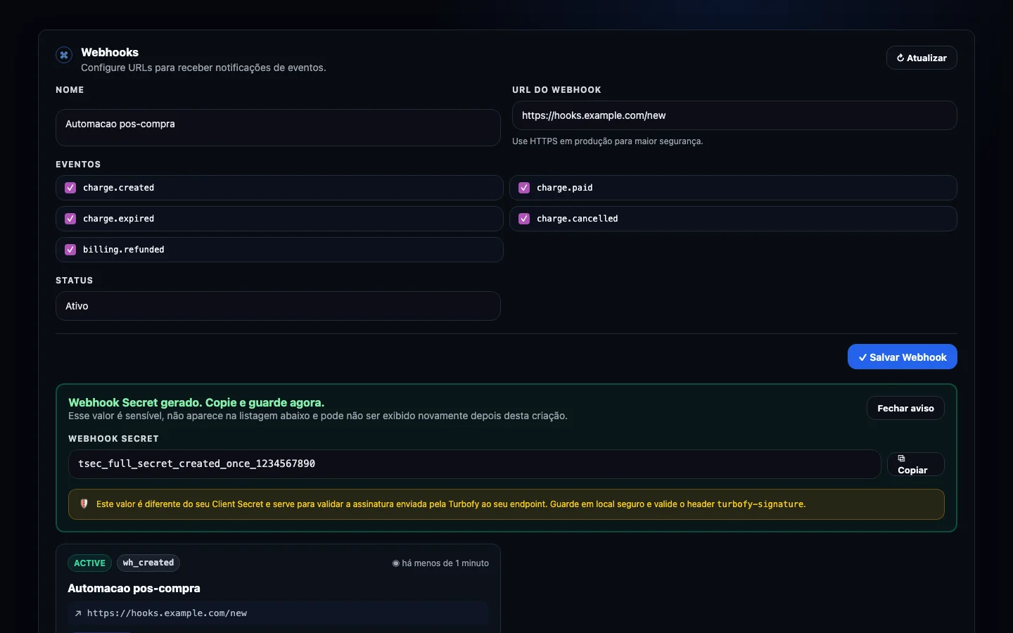 Aviso com o Webhook Secret gerado apos criar um endpoint.