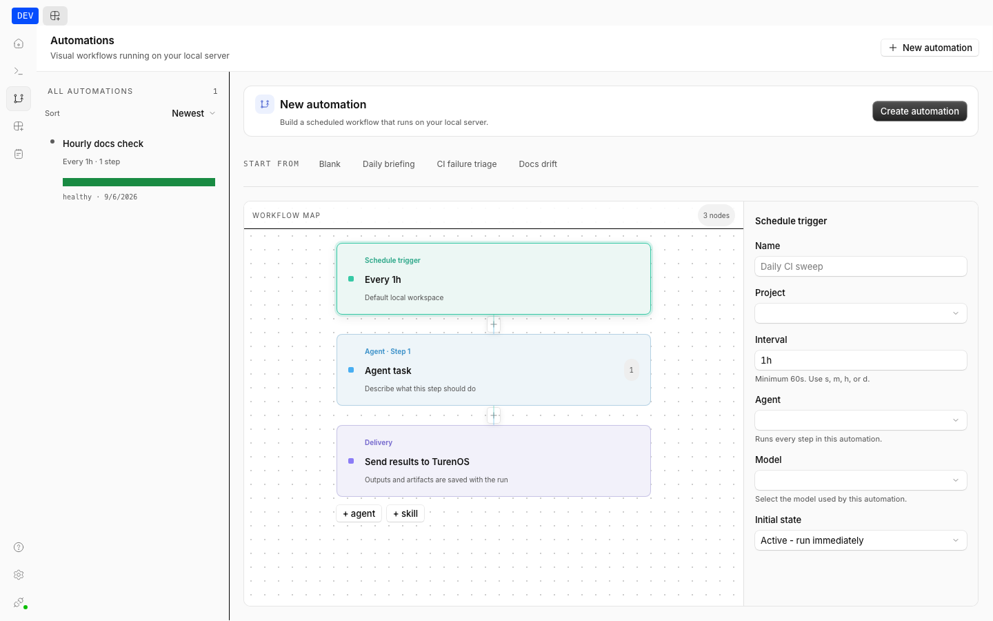 Automation builder with workflow map and schedule trigger inspector