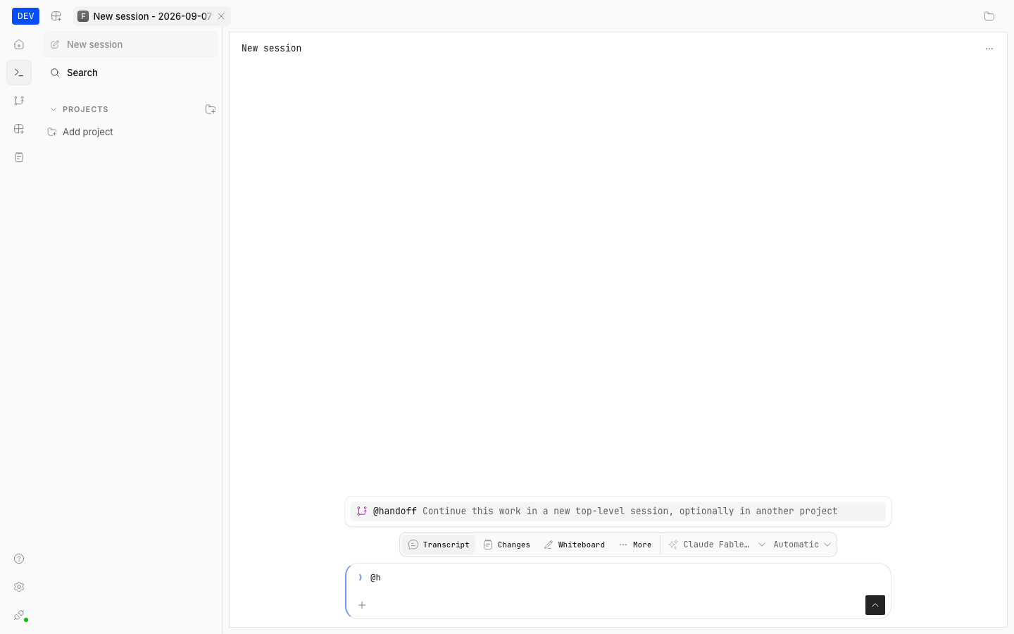 Handoff entry in the session composer @-menu