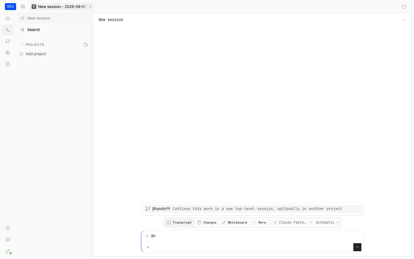Handoff entry in the session composer @-menu