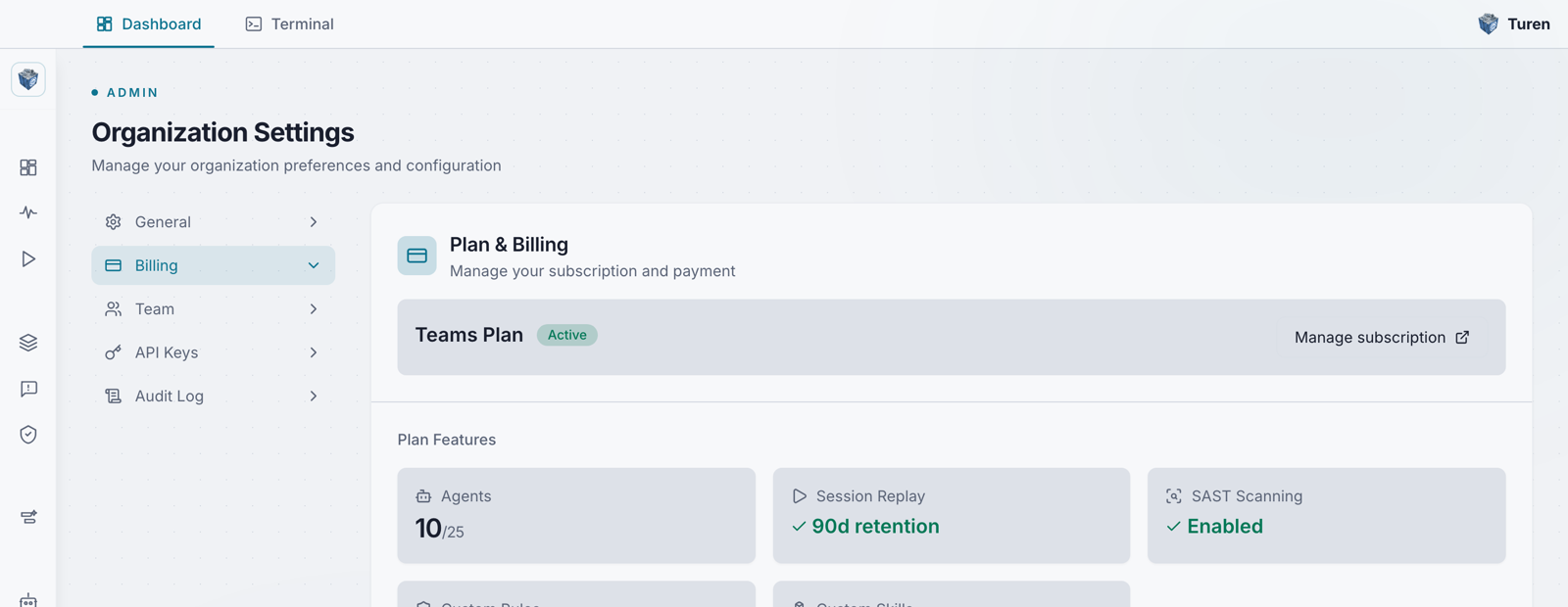 Organization Settings Billing page with the Teams plan marked Active, a Manage subscription link, and Plan Features cards for Agents, Session Replay (90d retention), and SAST Scanning (Enabled).