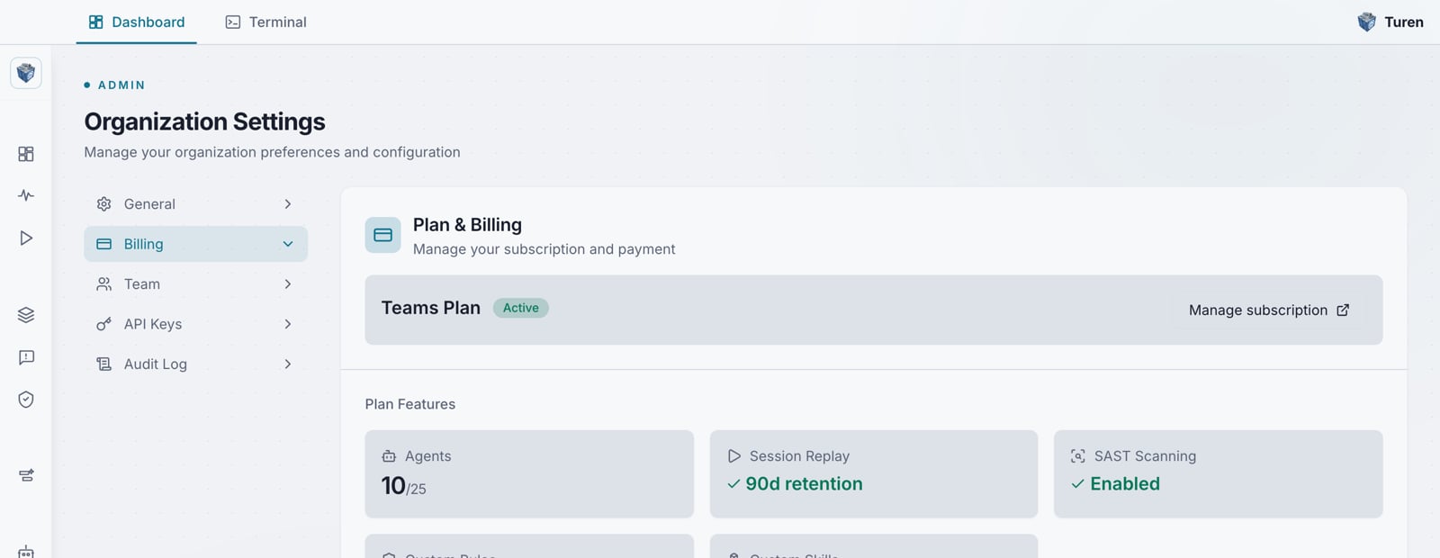 Organization Settings Billing page with the Teams plan marked Active, a Manage subscription link, and Plan Features cards for Agents, Session Replay (90d retention), and SAST Scanning (Enabled).