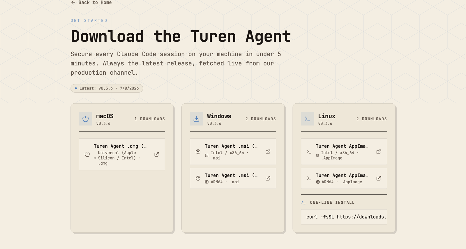The Turen download page showing the latest release with macOS (Universal .dmg), Windows (.msi for x86_64 and ARM64), and Linux (AppImage for x86_64 and ARM64) download cards, plus a one-line curl install command.