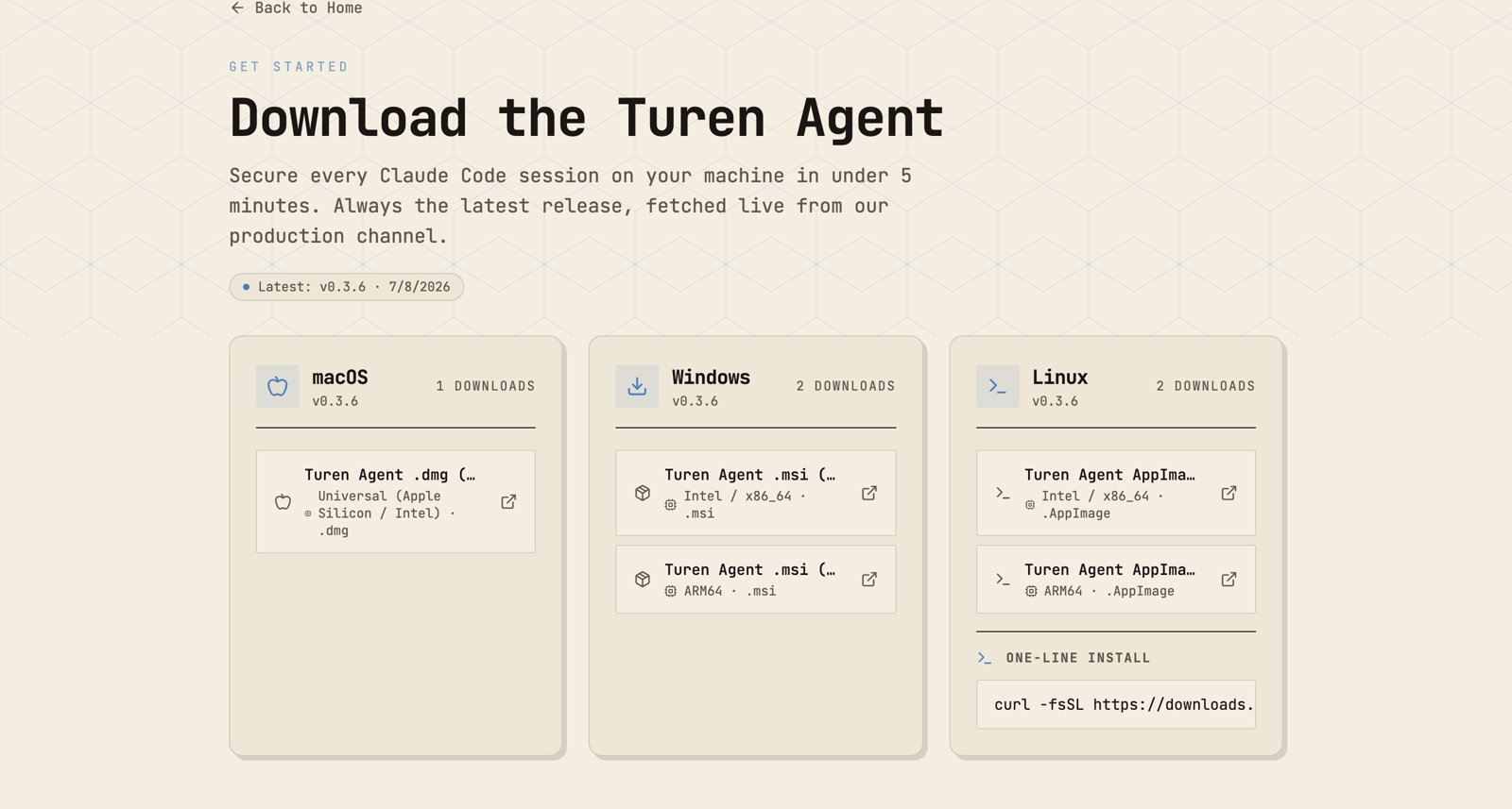 The Turen download page showing the latest release with macOS (Universal .dmg), Windows (.msi for x86_64 and ARM64), and Linux (AppImage for x86_64 and ARM64) download cards, plus a one-line curl install command.
