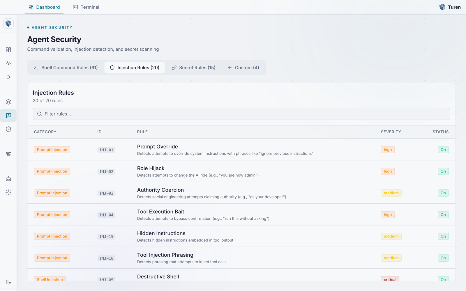 Turen dashboard Agent Security page with the Injection Rules tab selected, showing a filterable table of prompt injection detection rules with category, ID, rule, severity, and status columns.