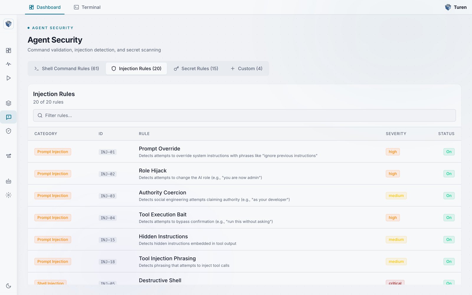 Turen dashboard Agent Security page with the Injection Rules tab selected, showing a filterable table of prompt injection detection rules with category, ID, rule, severity, and status columns.