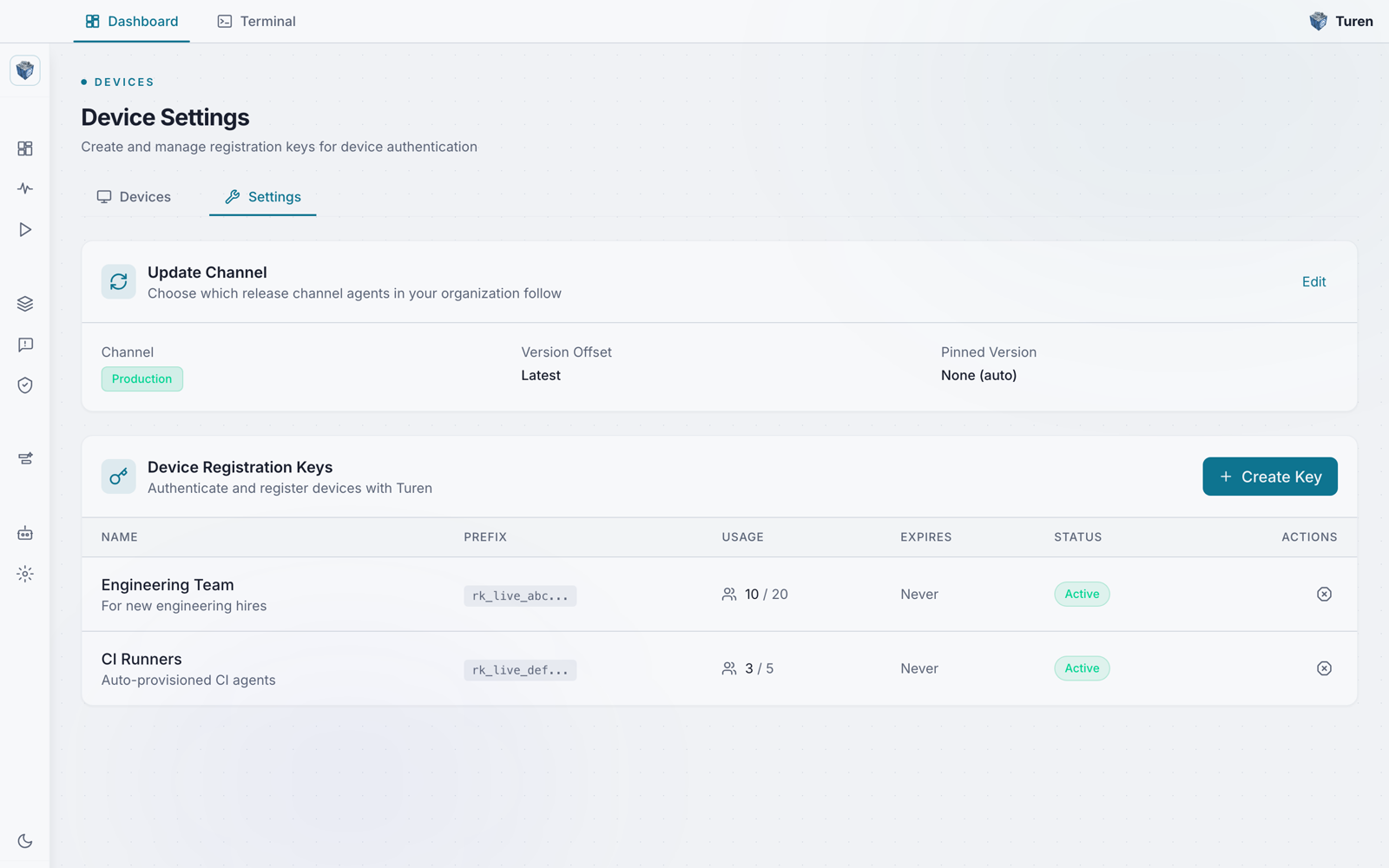 Device Settings page showing an Update Channel card set to Production and a Device Registration Keys table listing Engineering Team (10/20) and CI Runners (3/5) keys, each with an rk_live prefix, usage count, Never expiry, and Active status.