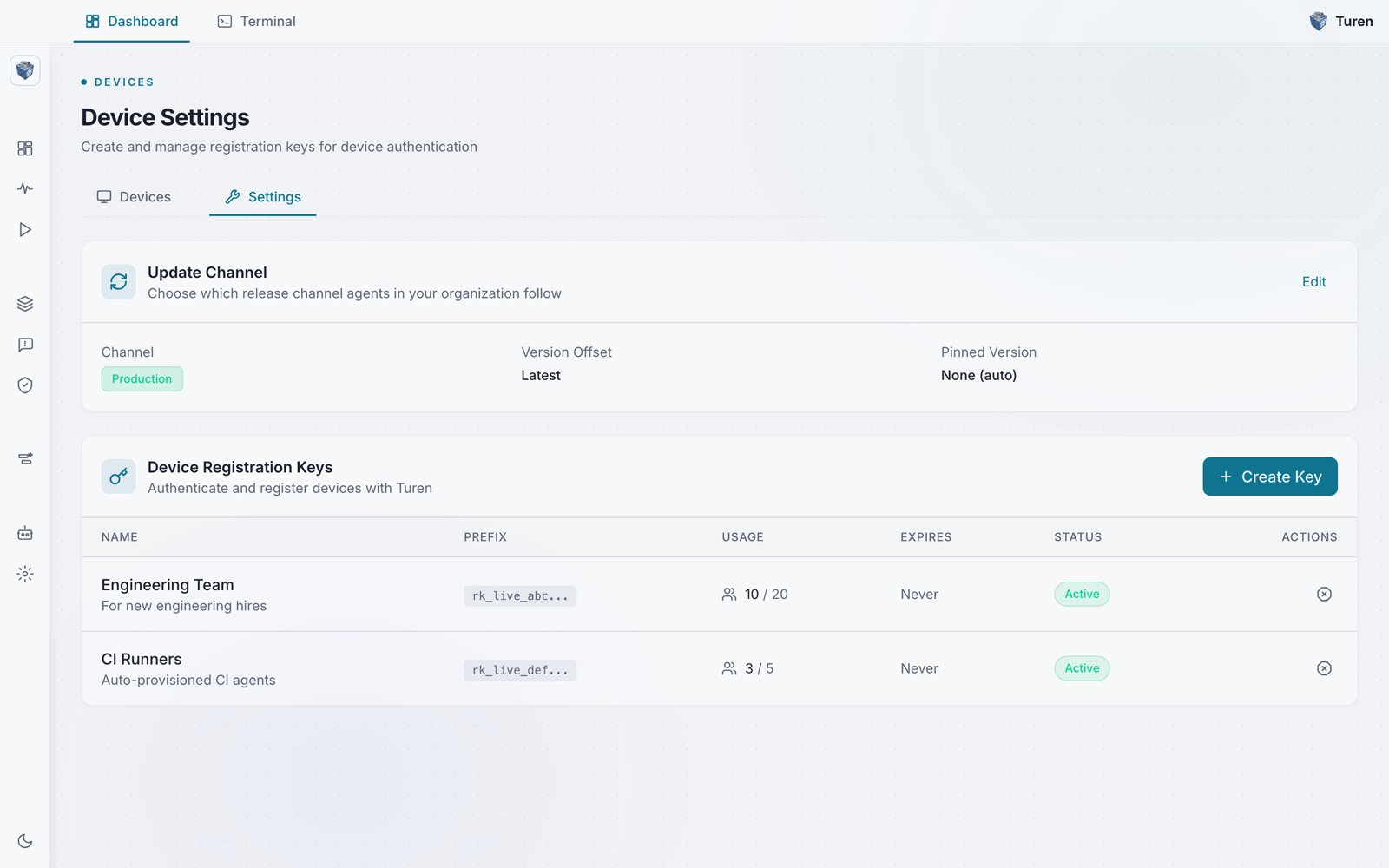 Device Settings page showing an Update Channel card set to Production and a Device Registration Keys table listing Engineering Team (10/20) and CI Runners (3/5) keys, each with an rk_live prefix, usage count, Never expiry, and Active status.