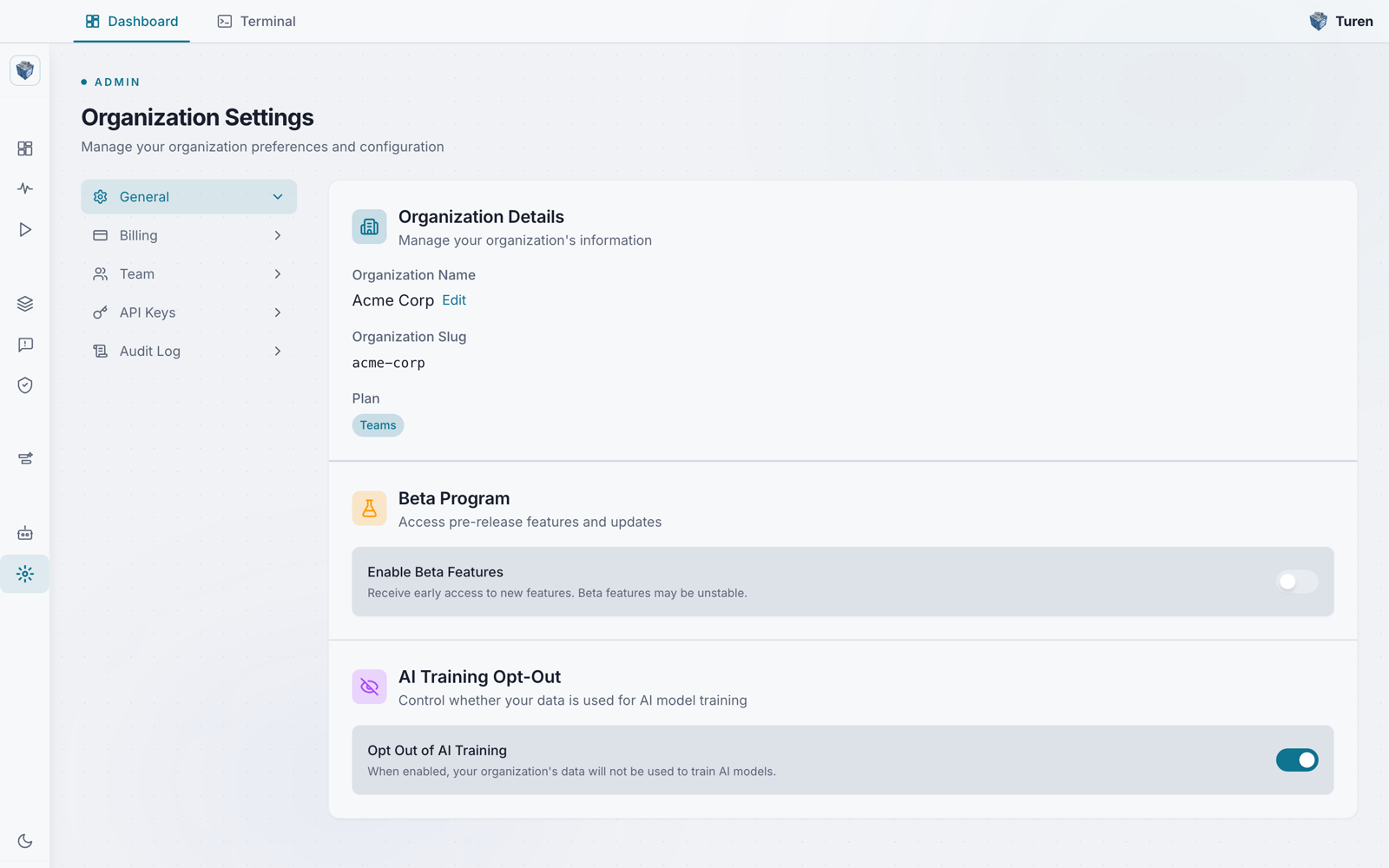 Turen dashboard Organization Settings page, General tab, showing organization name and slug, the Teams plan, the Enable Beta Features toggle, and the Opt Out of AI Training toggle.