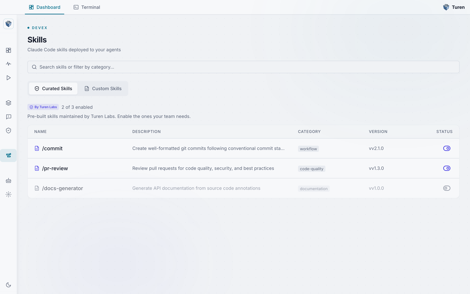 Turen dashboard Skills page listing curated Claude Code skills /commit, /pr-review, and /docs-generator with enable toggles, categories, and versions